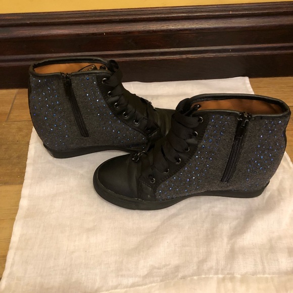 STUART WEITZMAN Girls Black High Top Sneakers Crystal Embellished Vance Wedge 3 - Picture 3 of 13